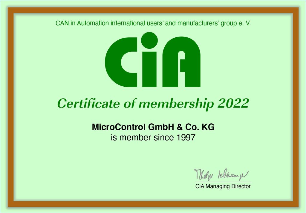 Certificate MicroControl member of CAN in Automation for 20 years