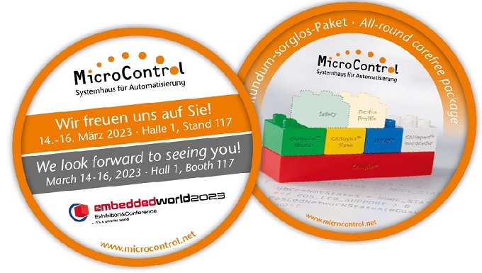 Bierdeckel mit Logo Messe embedded world 2023 und Symbolbild Legosteine für Protokollstacks MicroControl