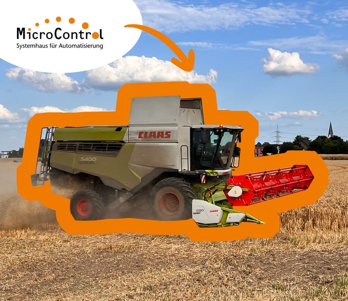 Claas harvester in a field with Logo MicroControl