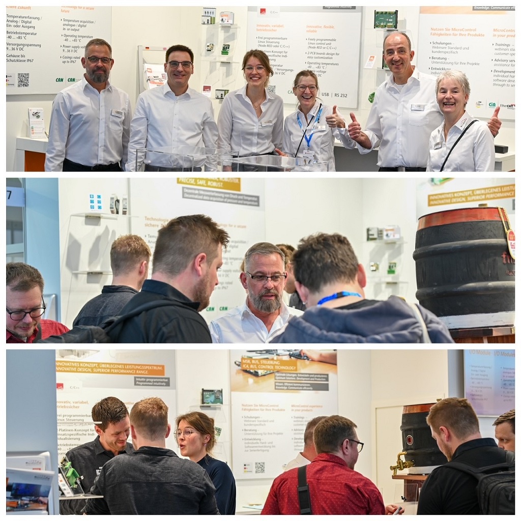 Team MicroControl and visitors enjoying good talks and our traditional Cologne beer at our stand at the embedded world 2024.